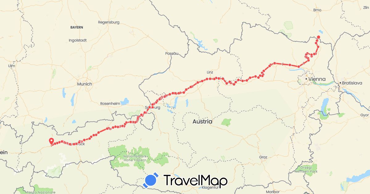 TravelMap itinerary: driving, hiking in Austria, Czech Republic, Germany (Europe)